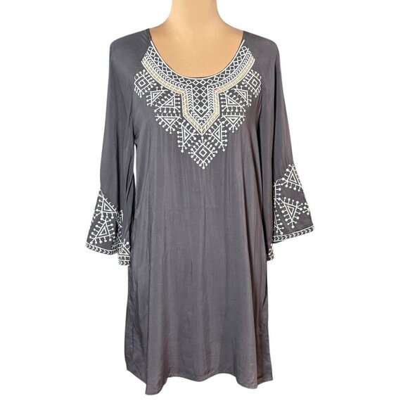 NWOT Monoreno Boho Mini Dress Sz.M Gray Embroidered Bell Sleeve Cottage Prairie - Picture 12 of 12
